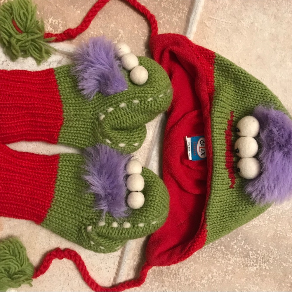 Kids Green and Red Monster Knit Hat and Mittens Set